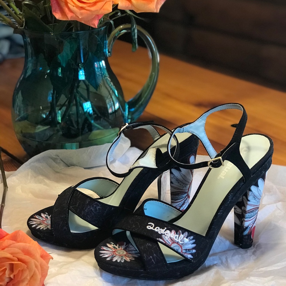 Desigual Black Floral Embroidered Open-Toe Sandals